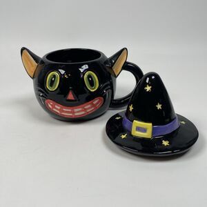 Magic Black Cat Witch Magicians Hat Halloween Smiling Candy Cup Mug With Handle